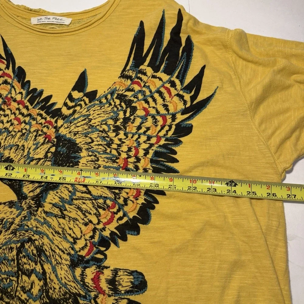 Free People Soak Up The Sun Yellow Eagle Embroidered Tee XS Boho Oversized